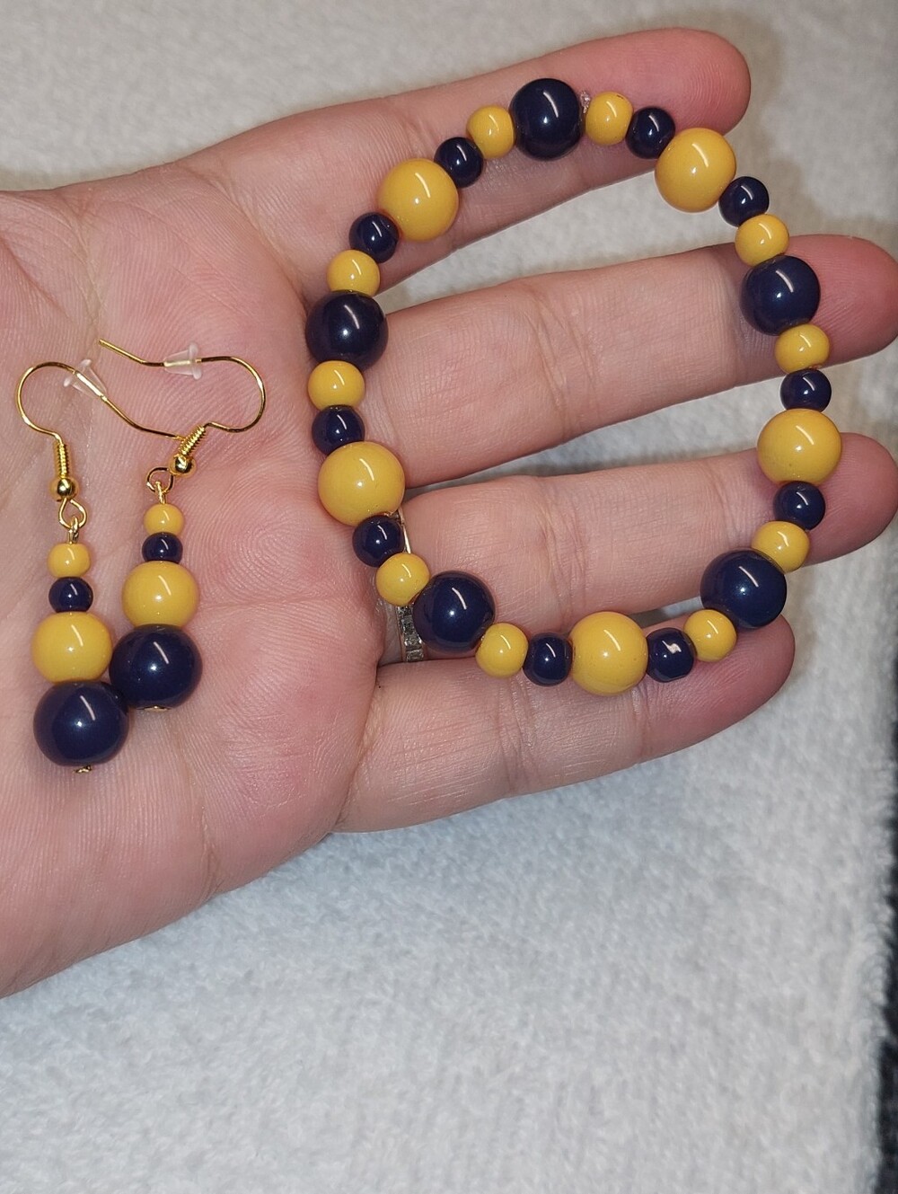 Yellow and Navy Beaded Bracelet & Earrings Set #WVU
